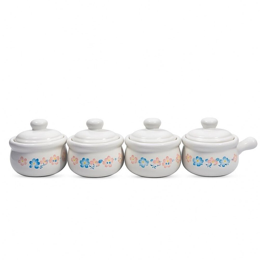 Vintage Set 4 | French Onion Soup Crock Bowl With Lid & Handle |  Blue Pink Flow
